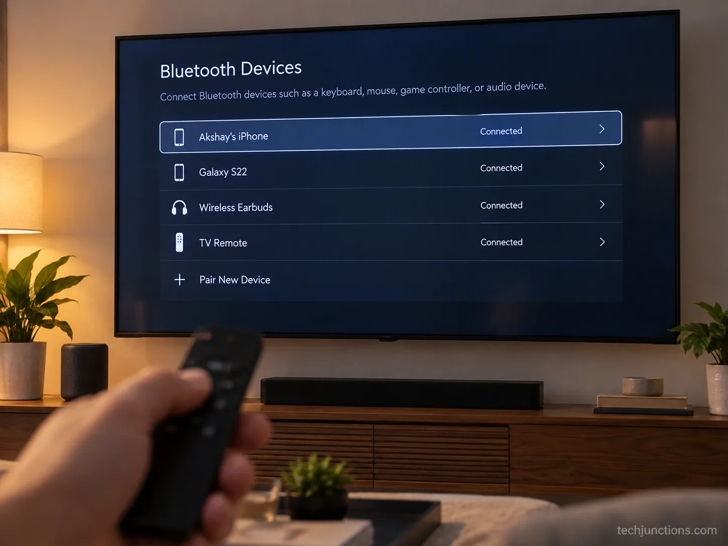 A Samsung TV Bluetooth device list showing no HomePod available to pair.