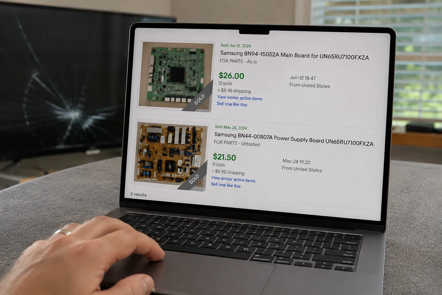 Two sold Samsung TV boards listed for parts online with final prices