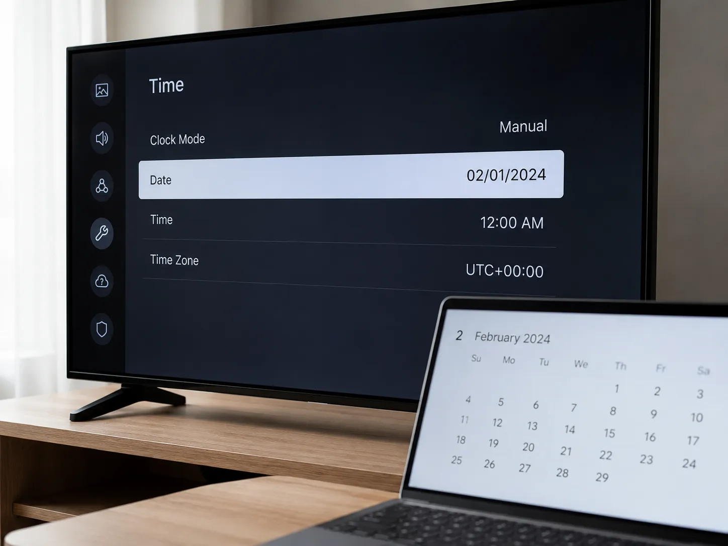 Samsung TV date and time settings screen showing an incorrect manual date beside a laptop displaying the correct calendar date for software update troubleshooting.