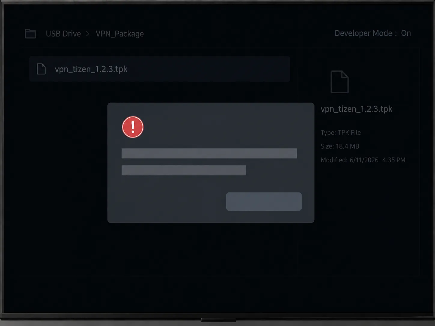 Illustration of a Samsung TV Developer Mode screen showing a sideloaded VPN package failing to install with an error dialog before any permissions prompt appears.