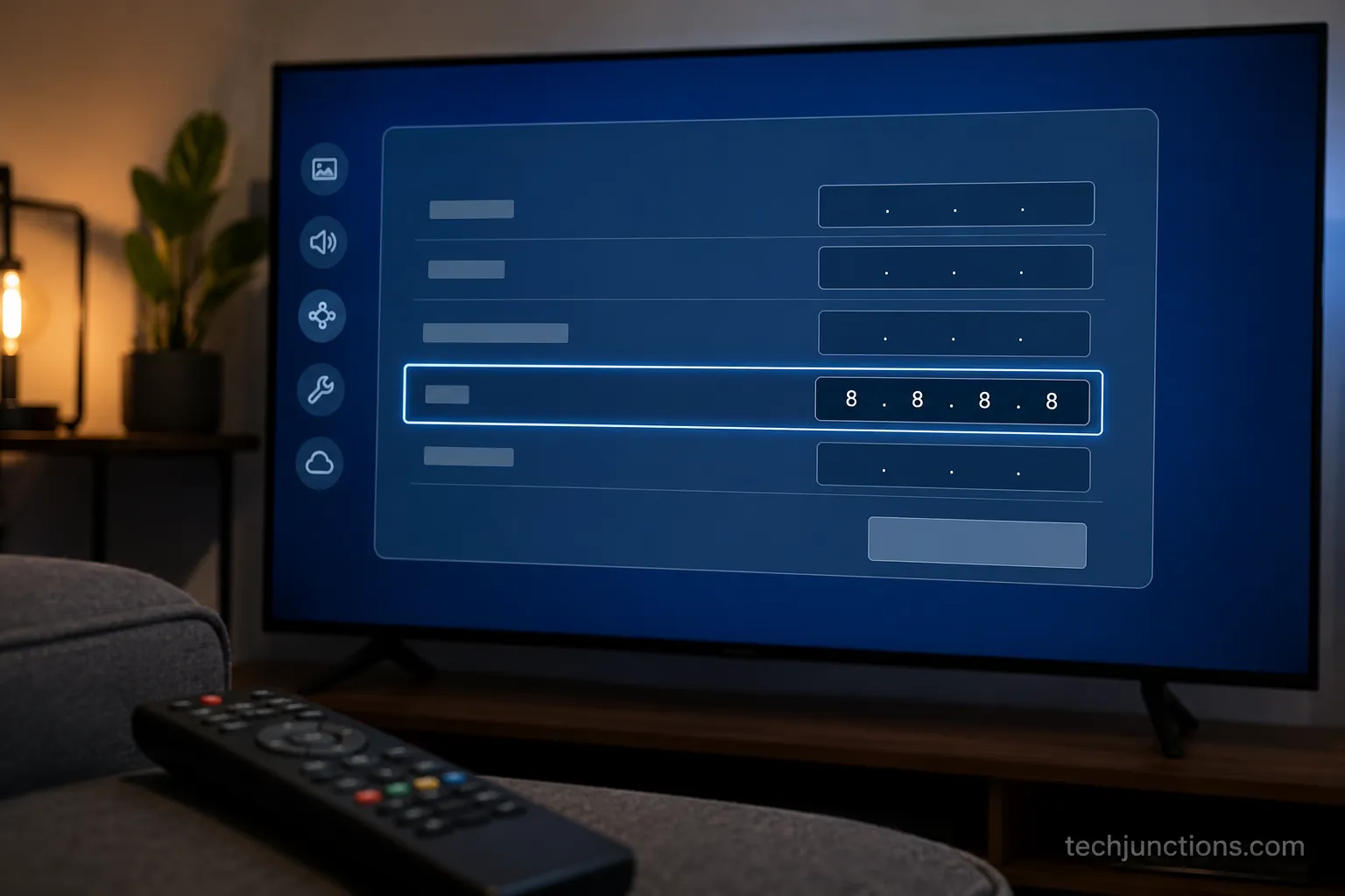 Samsung TV IP settings screen with DNS set manually to 8.8.8.8.