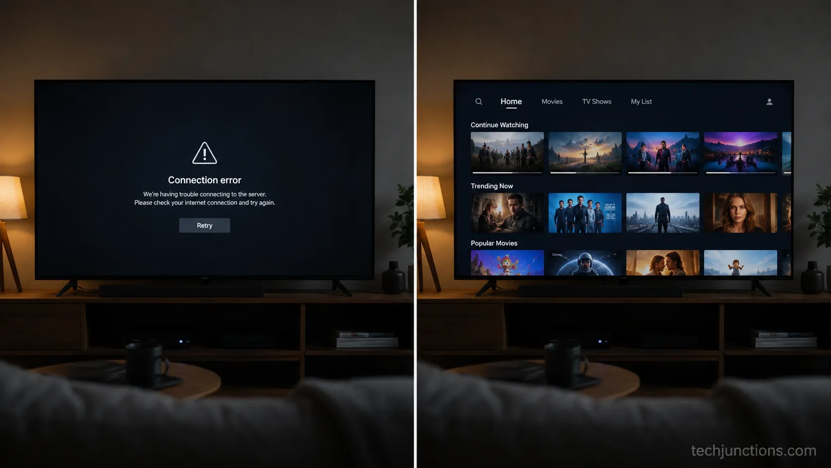 Samsung TV streaming app before and after changing DNS settings.