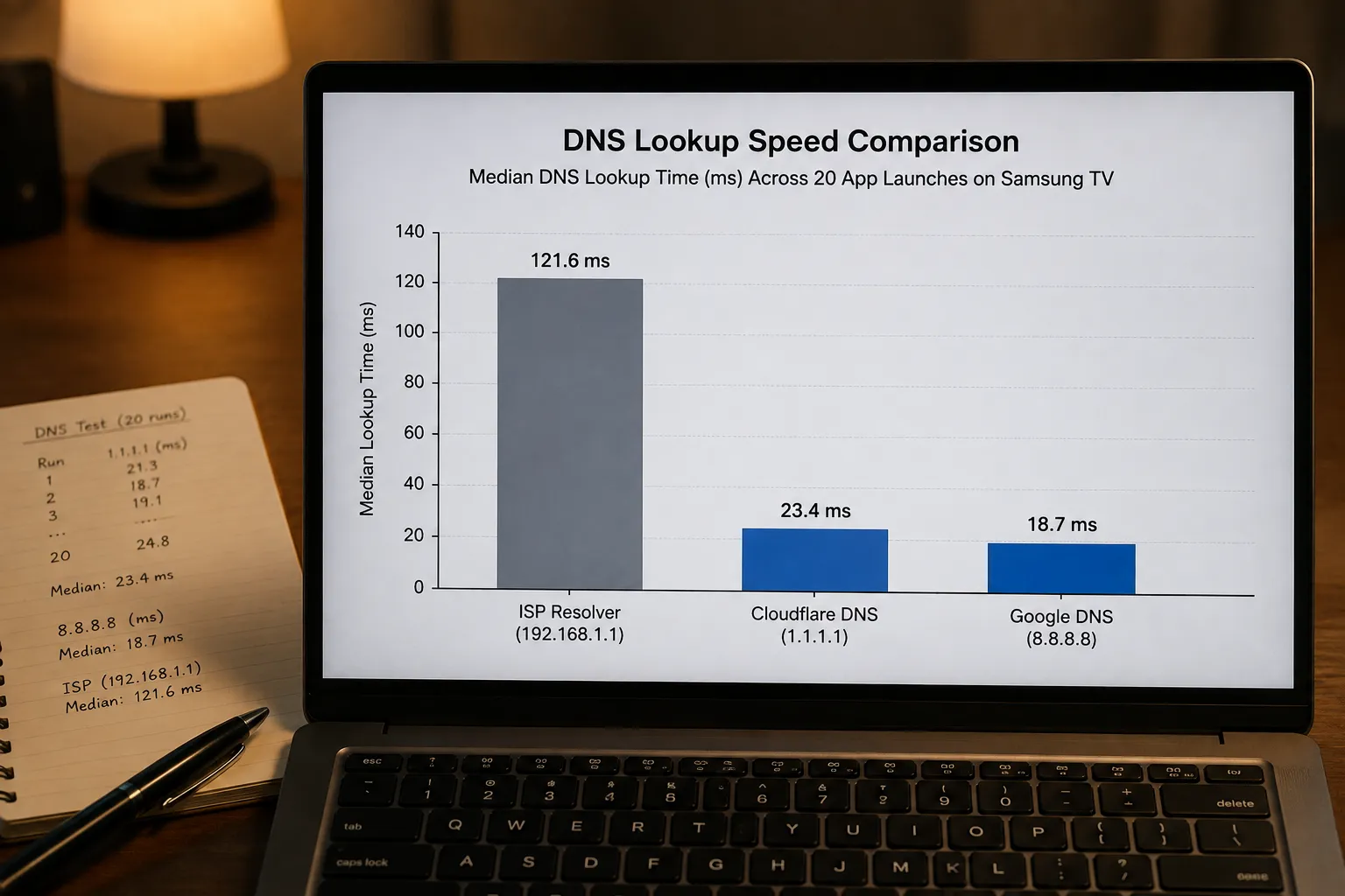 DNS lookup speed comparison on a Samsung TV across three resolvers.
