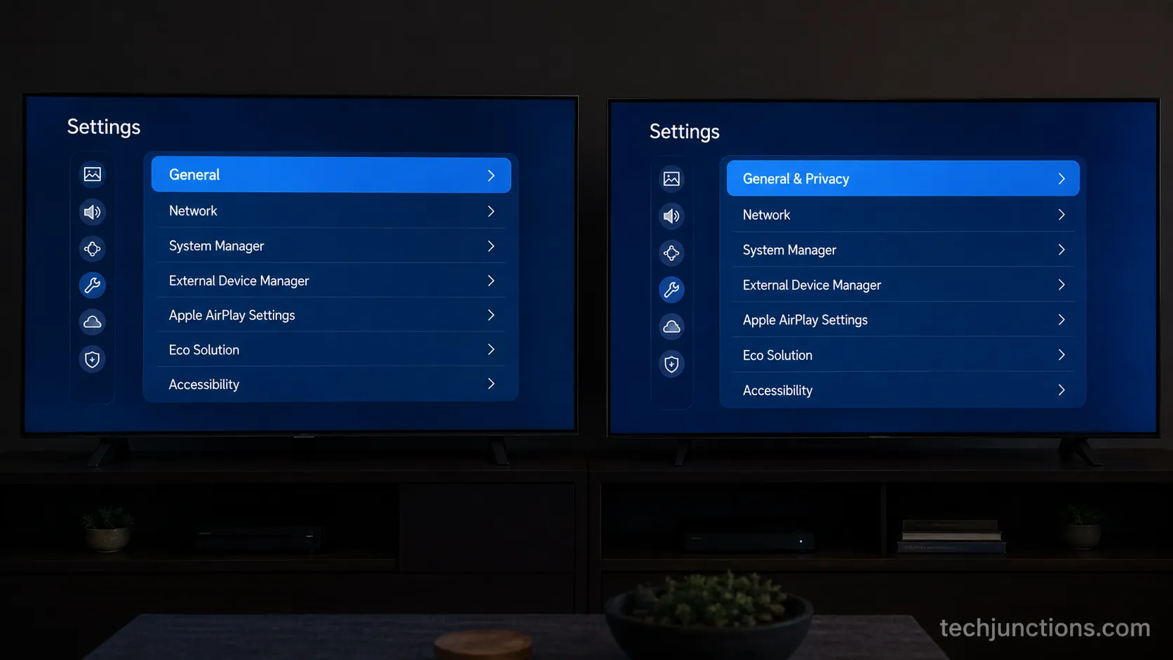Samsung TV network menu on a 2019 model versus a 2023 model.