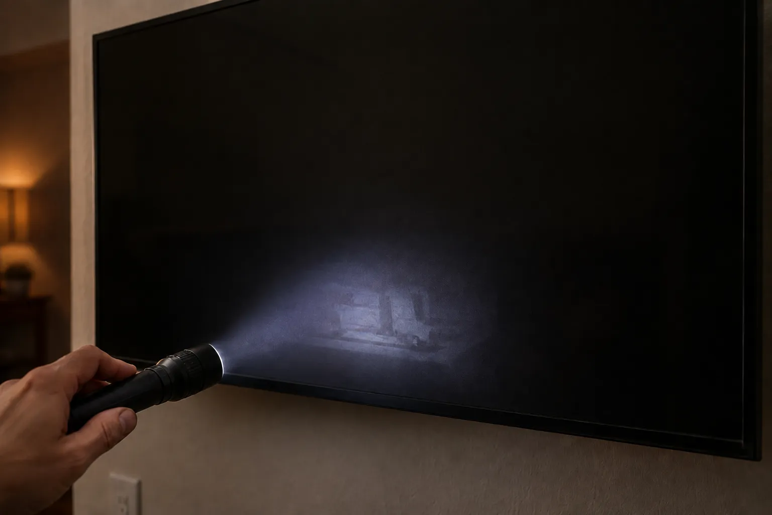 Flashlight test showing a faint image on a dark Samsung TV screen