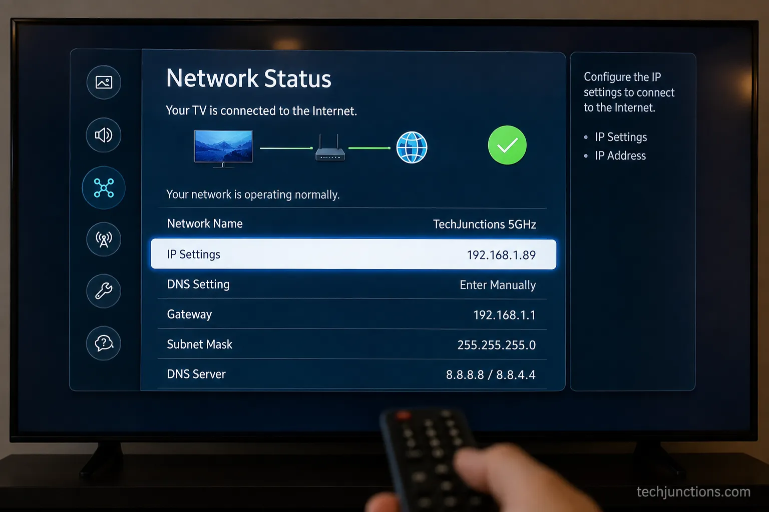 Samsung TV IP Settings screen with DNS Setting set to Enter Manually.
