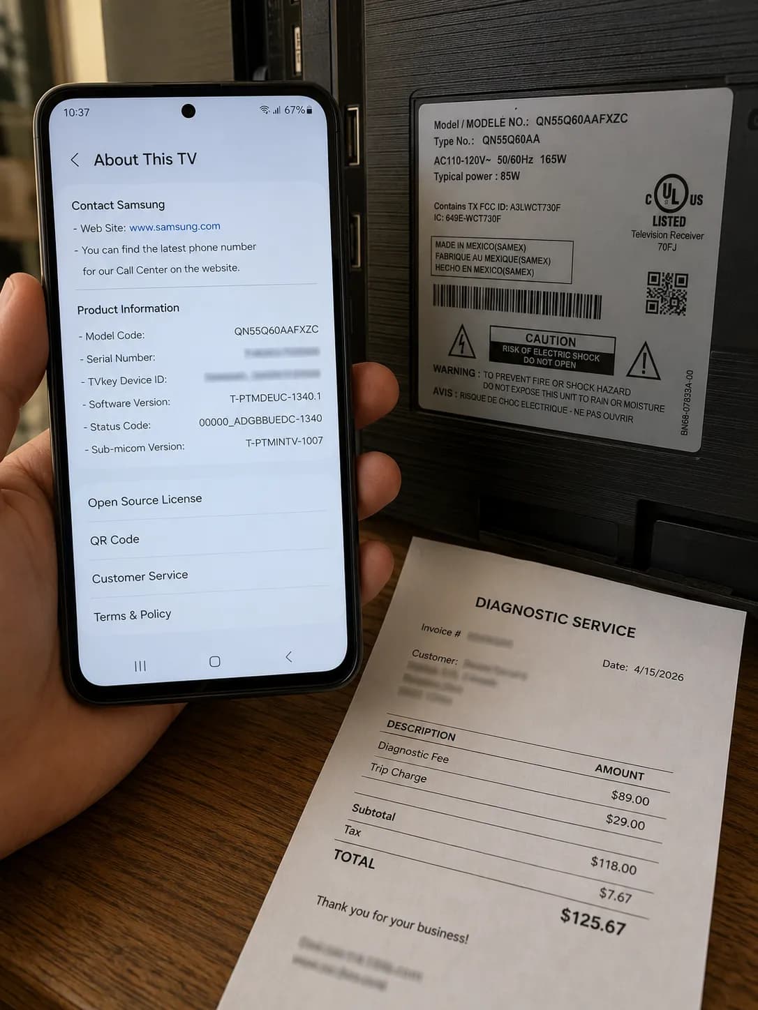 Samsung TV model-number lookup on a phone beside a repair diagnostic-fee receipt.