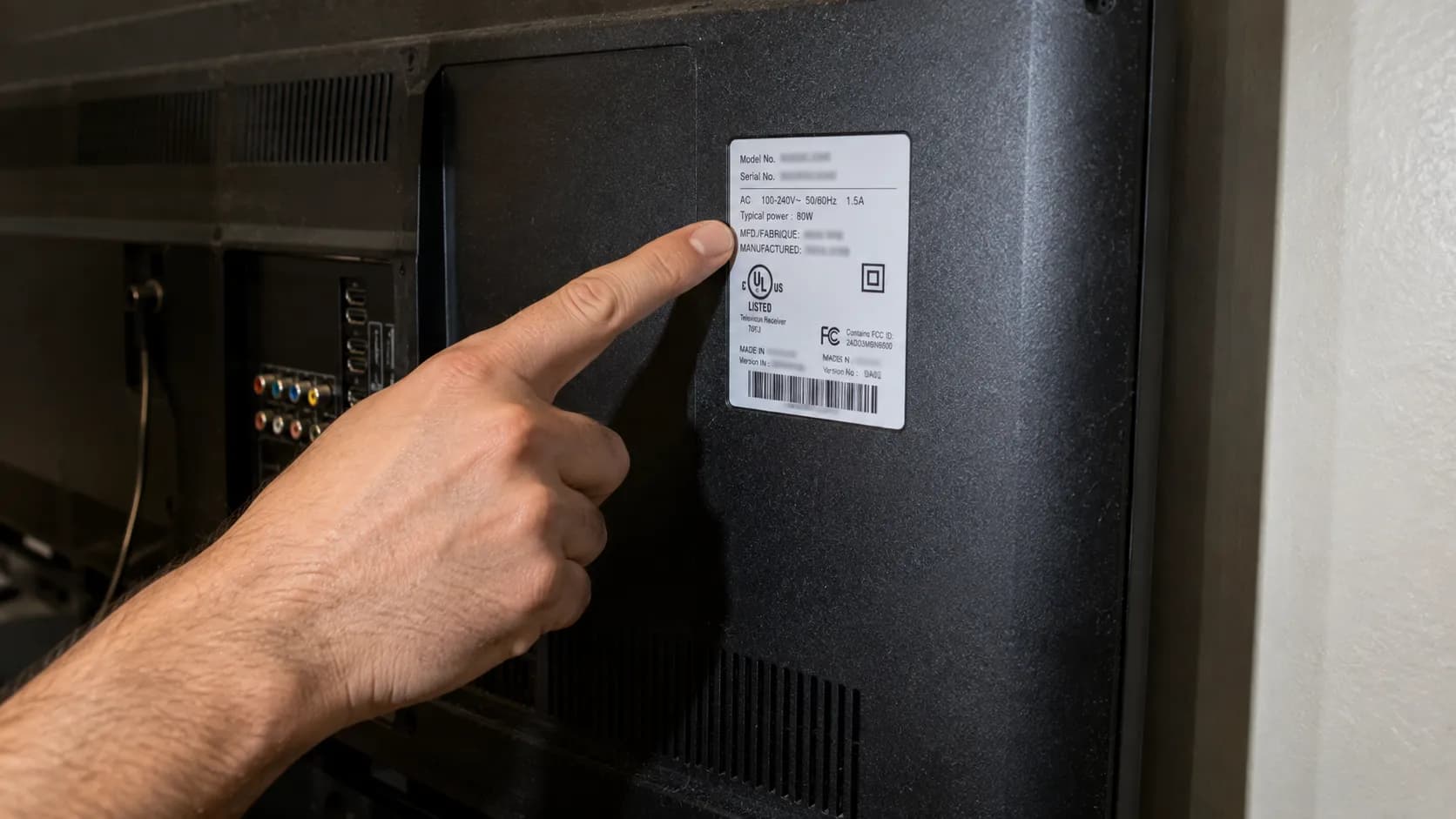 Hand pointing to the model and serial sticker on the back of a Samsung TV.