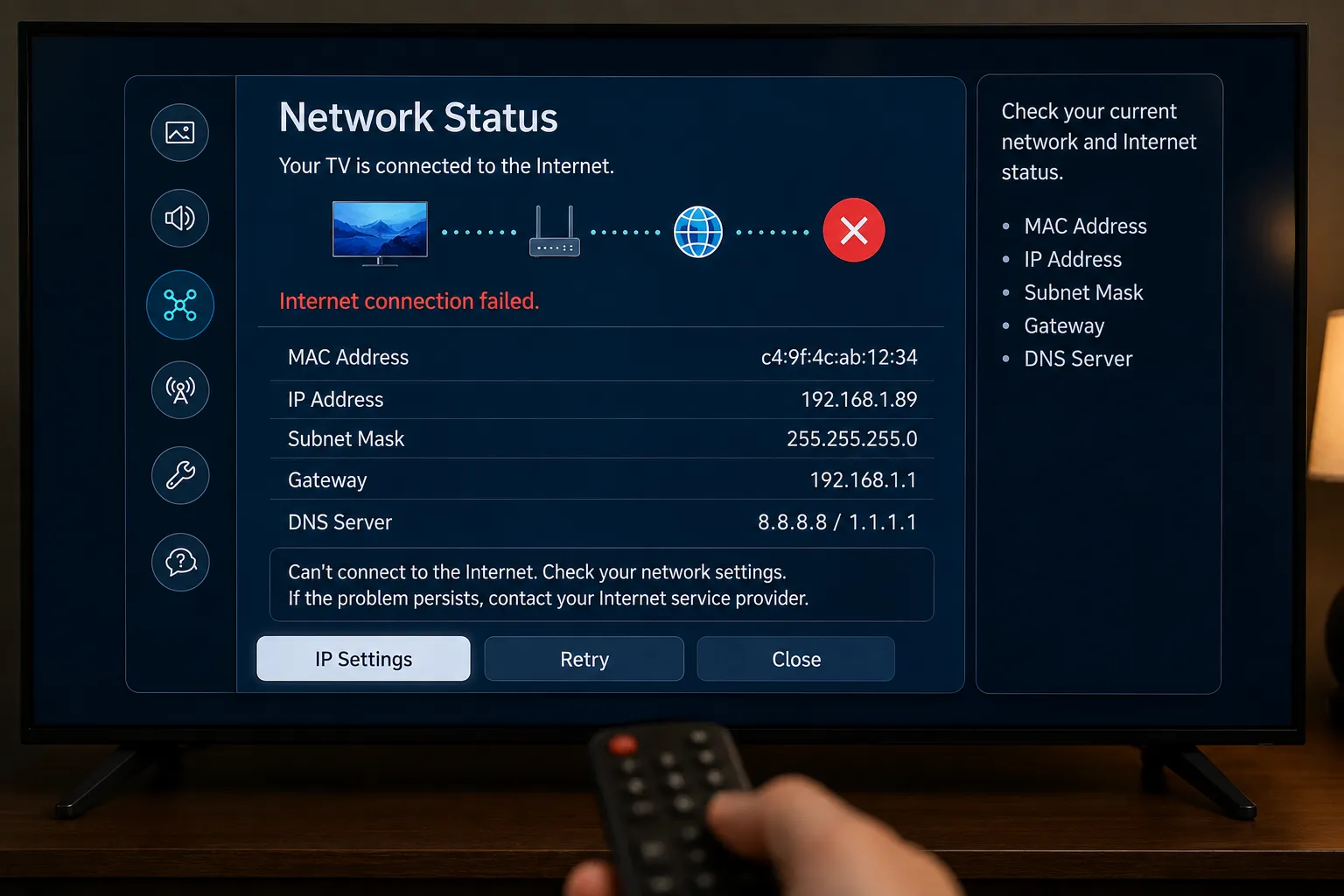 Samsung TV network status test showing a failed connection.