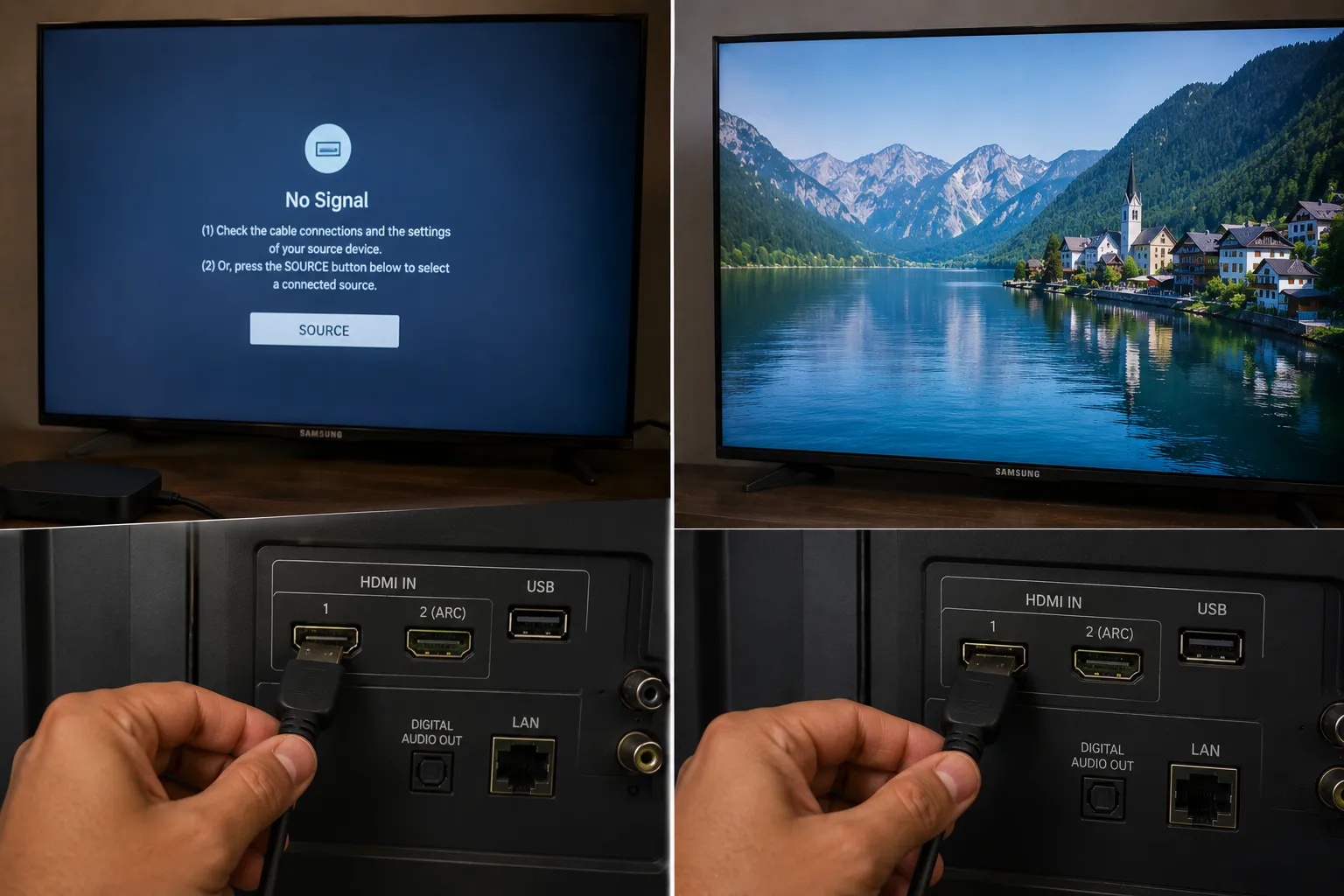 Samsung TV showing a no signal error on one HDMI input and a normal picture after switching the streaming box to HDMI 1, demonstrating HDMI port troubleshooting.