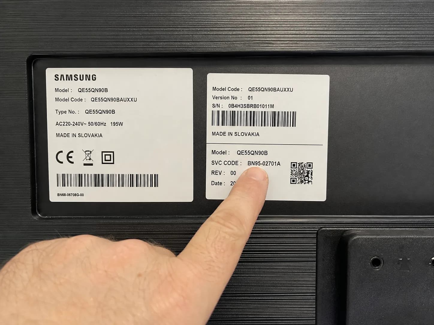 Samsung TV back sticker with the BN95 panel part number circled