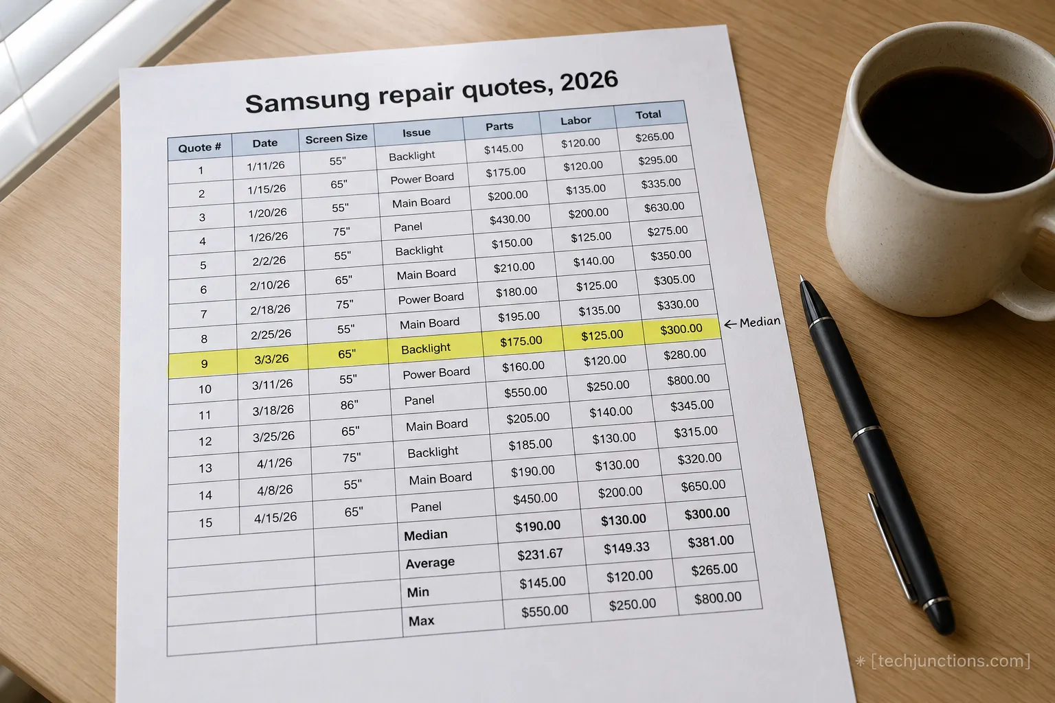 Author’s 2026 Samsung TV repair quote log with the median cost highlighted.