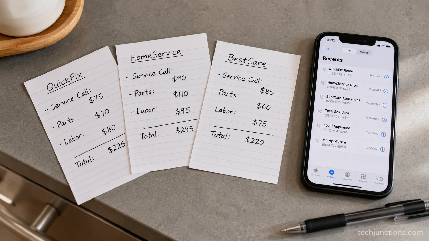 Three handwritten repair quotes on a counter comparing Samsung authorized, independent, and Geek Squad prices.