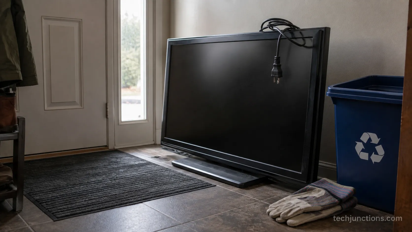 Older Samsung TV unplugged by the door staged for recycling after a replace decision.