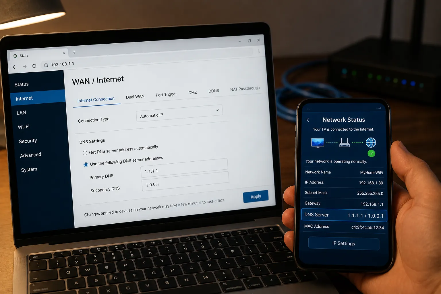 Router DNS setting reflected on a Samsung TV network status screen.