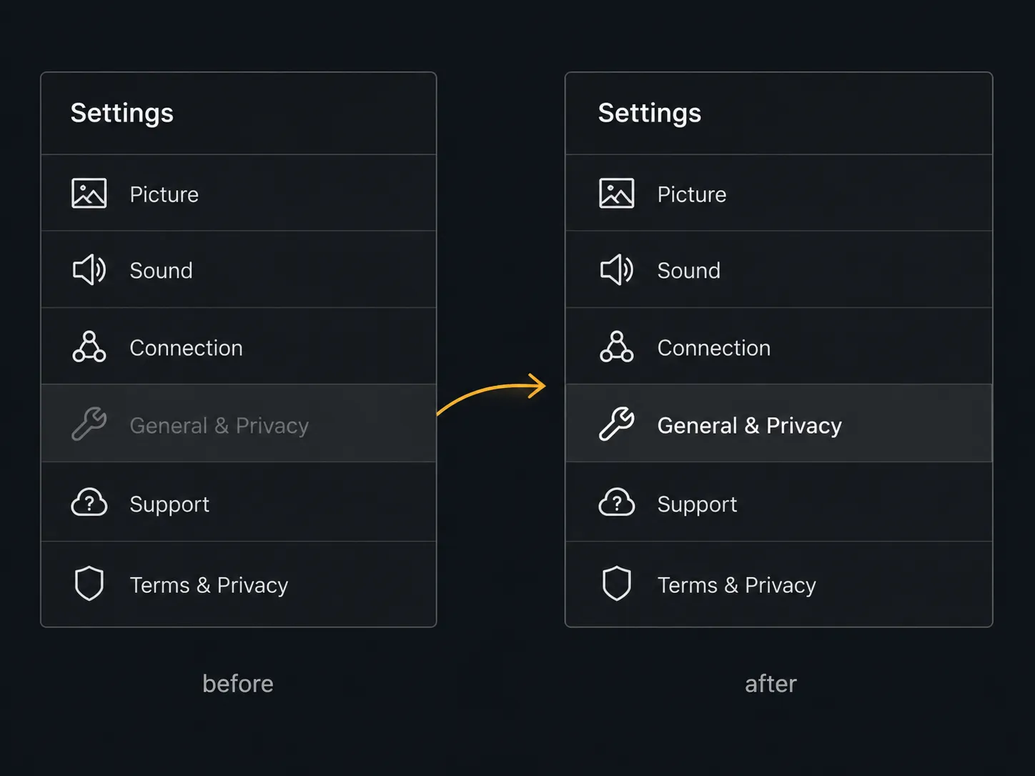 Side-by-side comparison of Samsung TV Settings menu showing a greyed-out, unselectable option before and an enabled, selectable option after opening Samsung TV Plus.