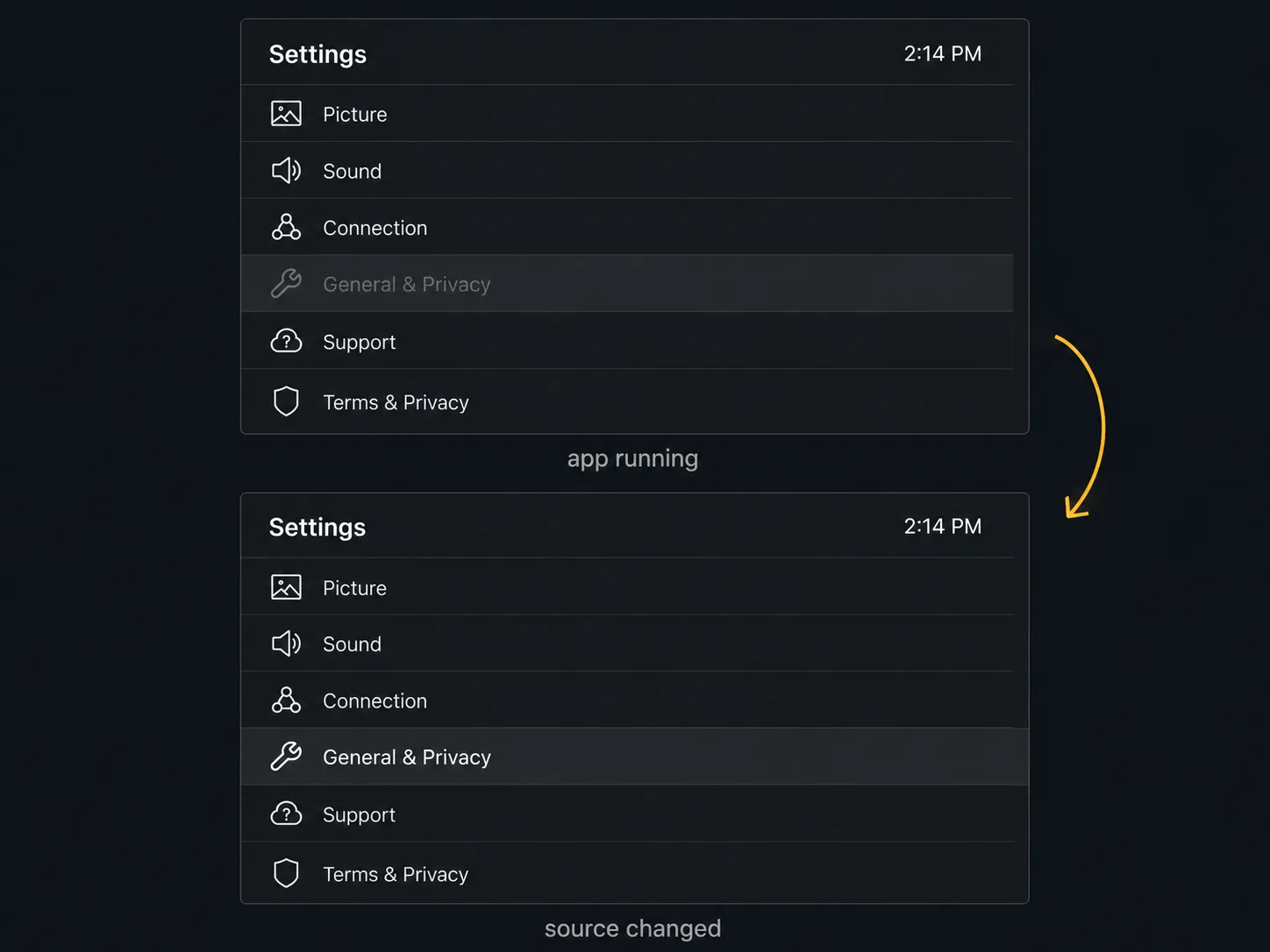 Samsung TV software update troubleshooting image showing the Settings menu disabled while an app is running and enabled after changing to the Live TV source, with the clock visible in both views.