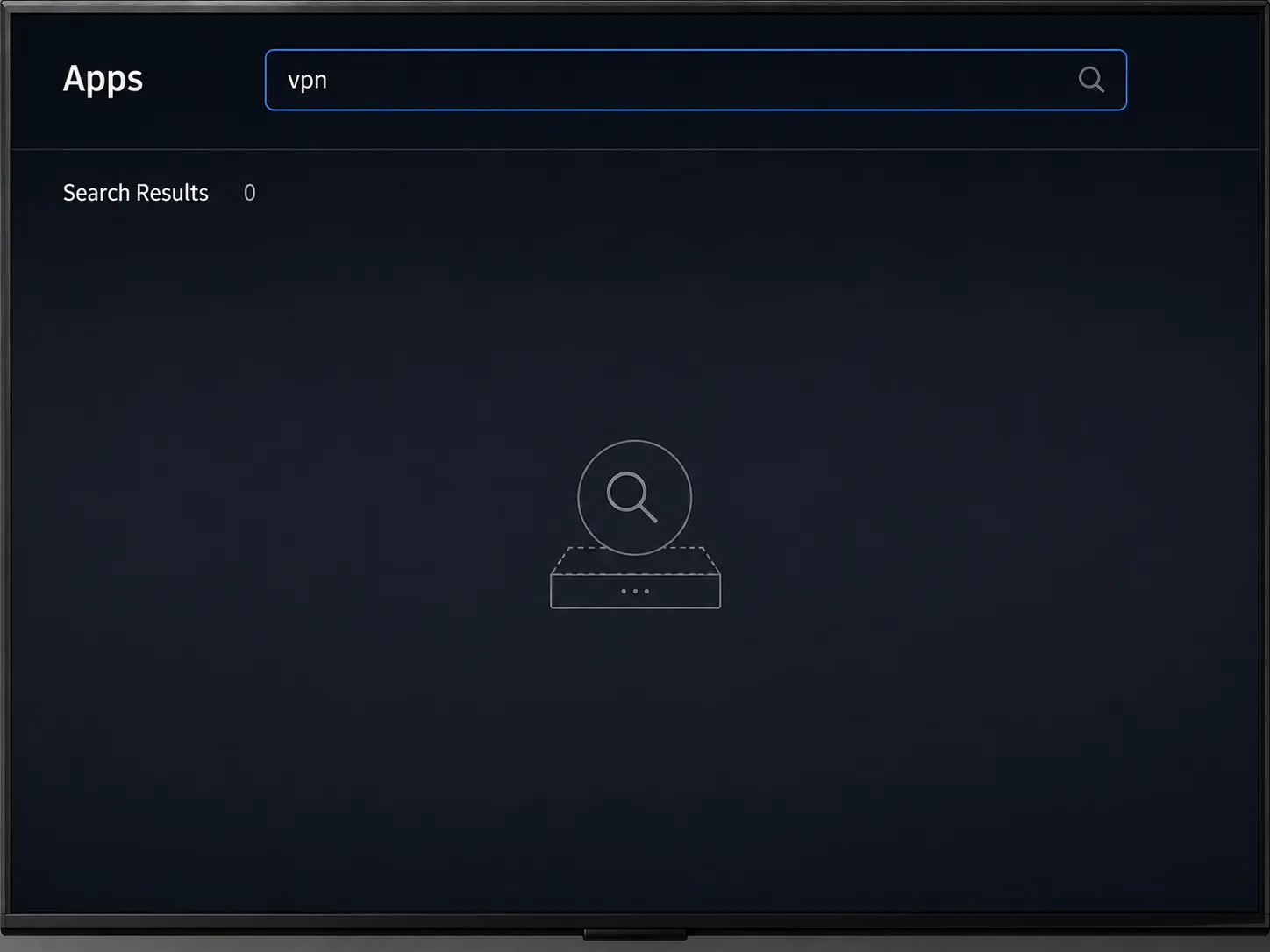 Illustration of a Samsung Smart Hub app store search showing no VPN app results on a TV interface, demonstrating that native VPN apps are unavailable on Tizen TVs.