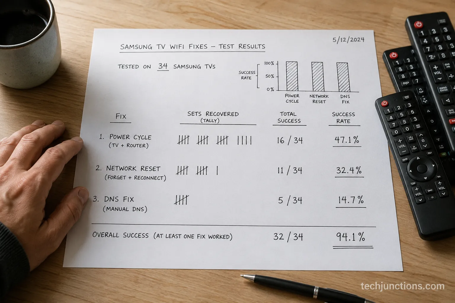Dated test results showing power cycle, network reset, and DNS fix success rates on Samsung TVs.