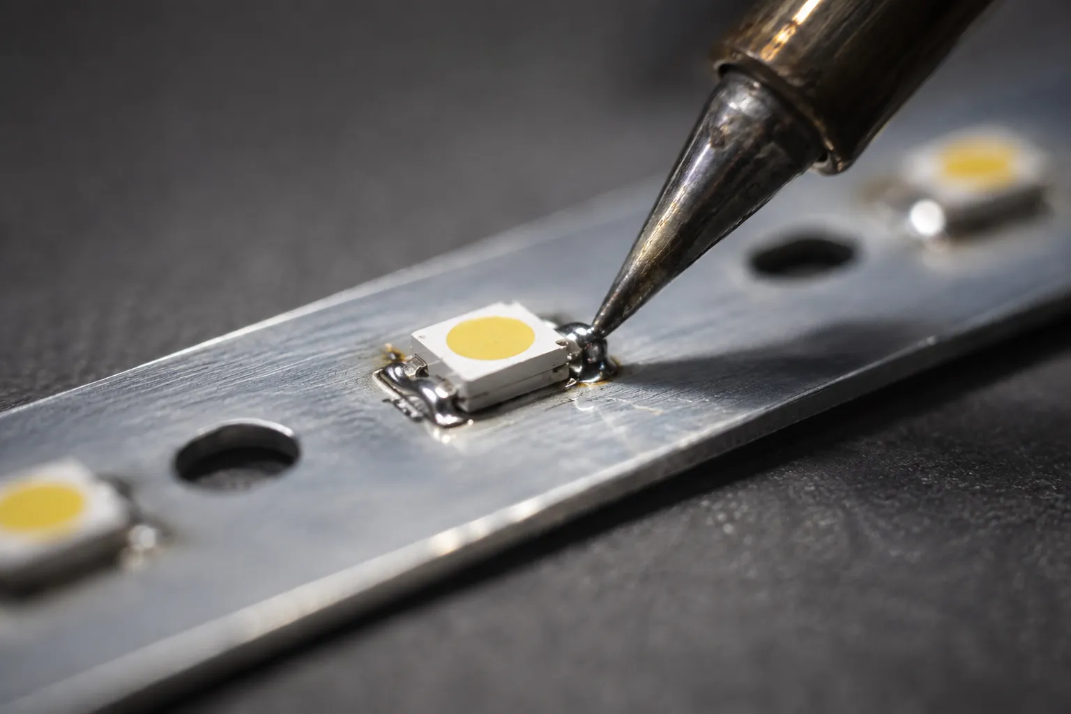 Close-up of a dead TV backlight LED bridged with a solder jumper.