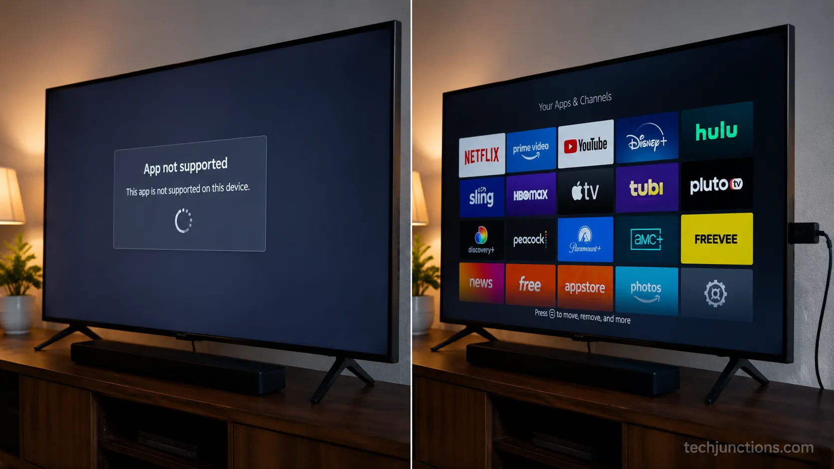 TV showing an app error beside the same TV running apps from a streaming stick