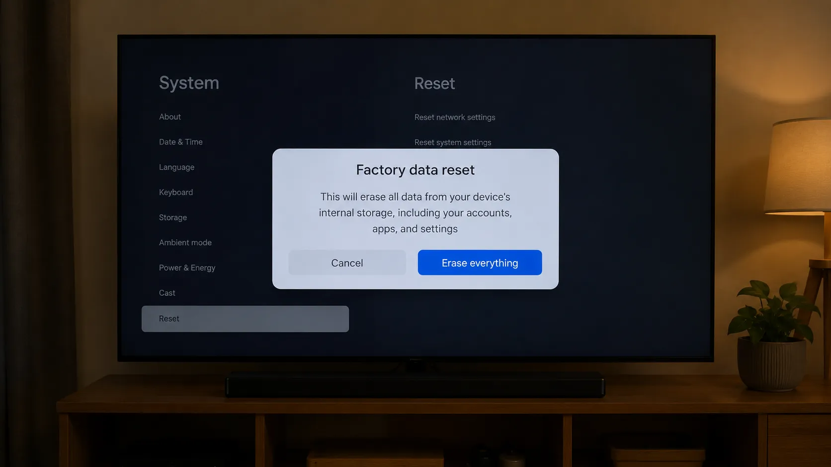 Smart TV displaying a factory reset confirmation screen in a living room, illustrating how to erase personal data before selling, donating, recycling, or disposing of a television.