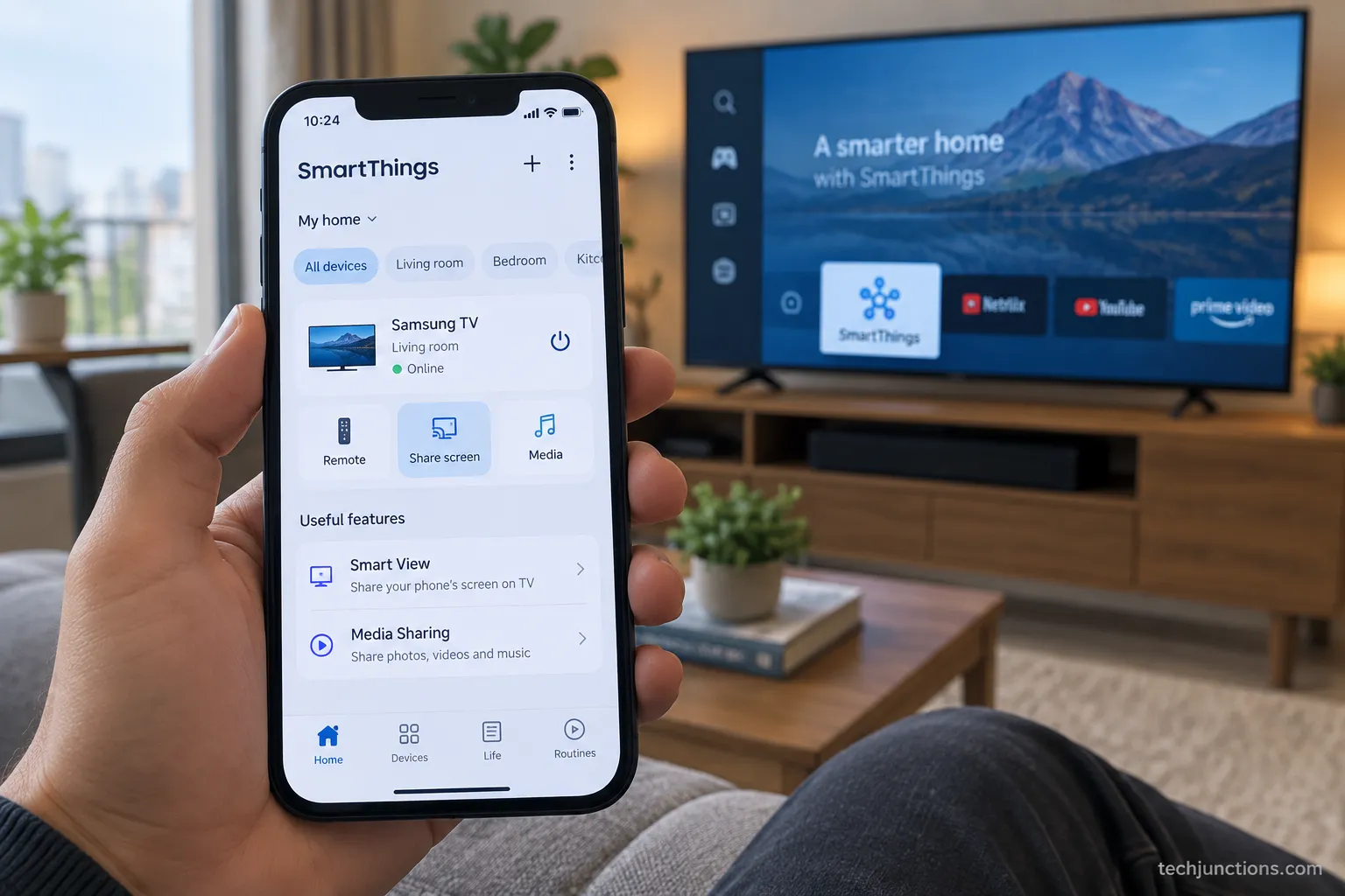 SmartThings app showing a Samsung TV added with a media-sharing option.