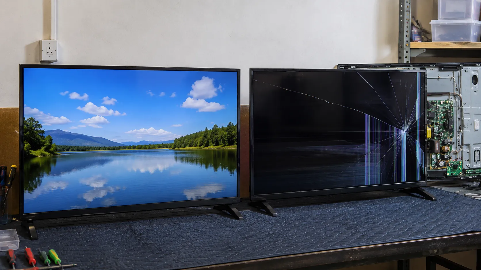 Two Sony Bravia sets, one repaired and working and one retired with a cracked panel.