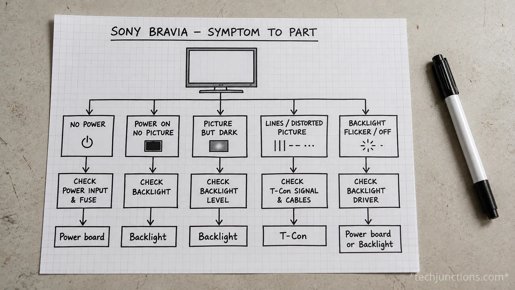 Sony Bravia symptom to part diagnosis chart routing backlight, T-Con, and power board faults.