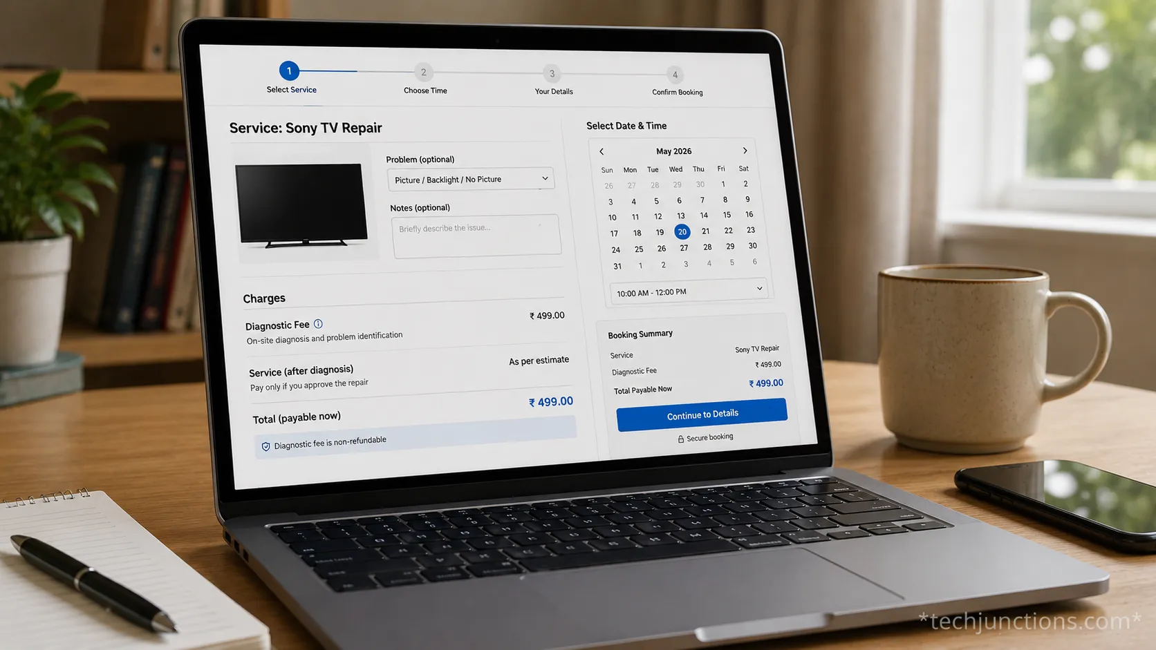 Repair booking screen showing a Sony TV diagnostic fee and appointment date.