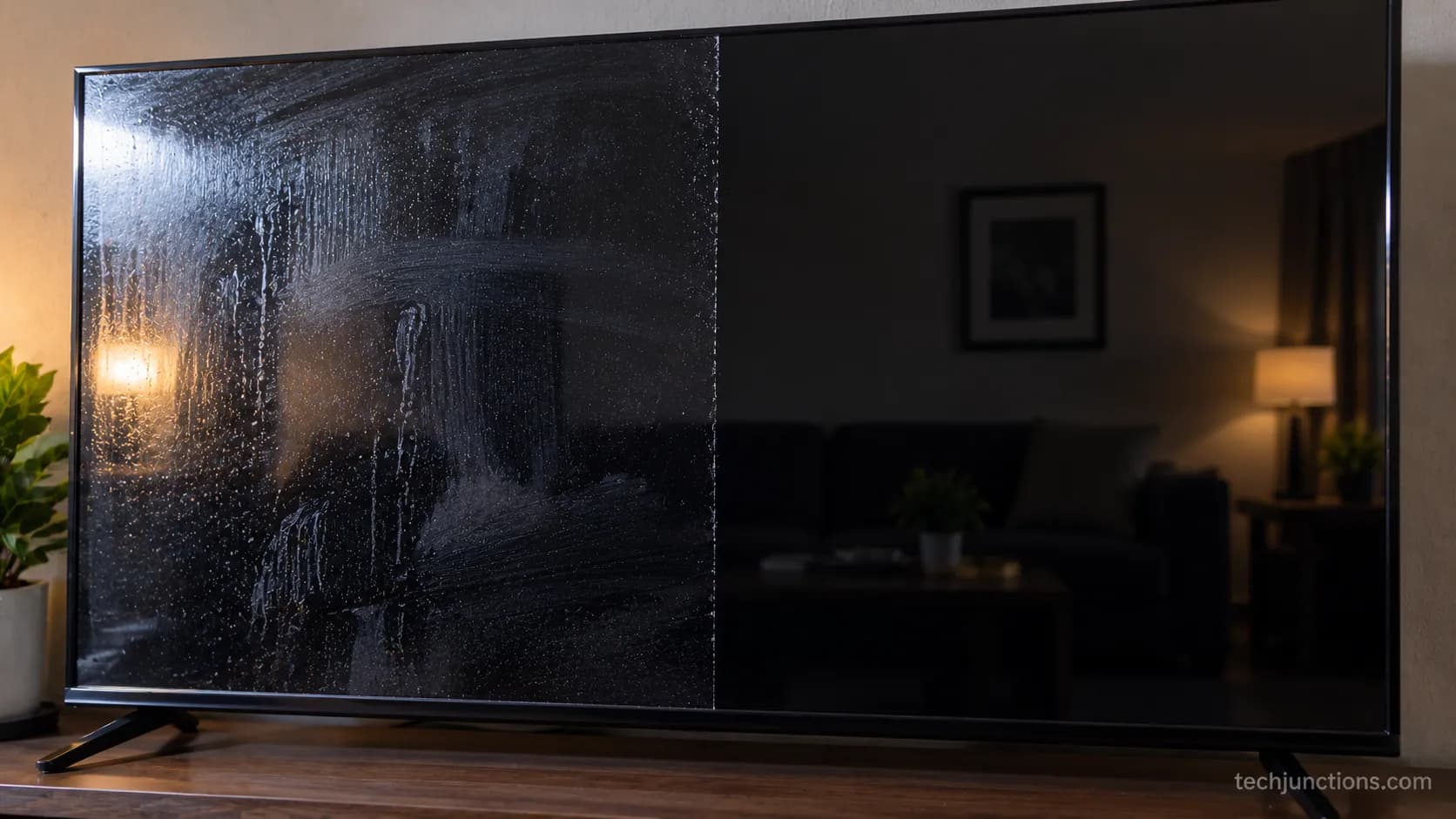 Comparison of a streaky sprayed TV screen versus a streak-free buffed finish