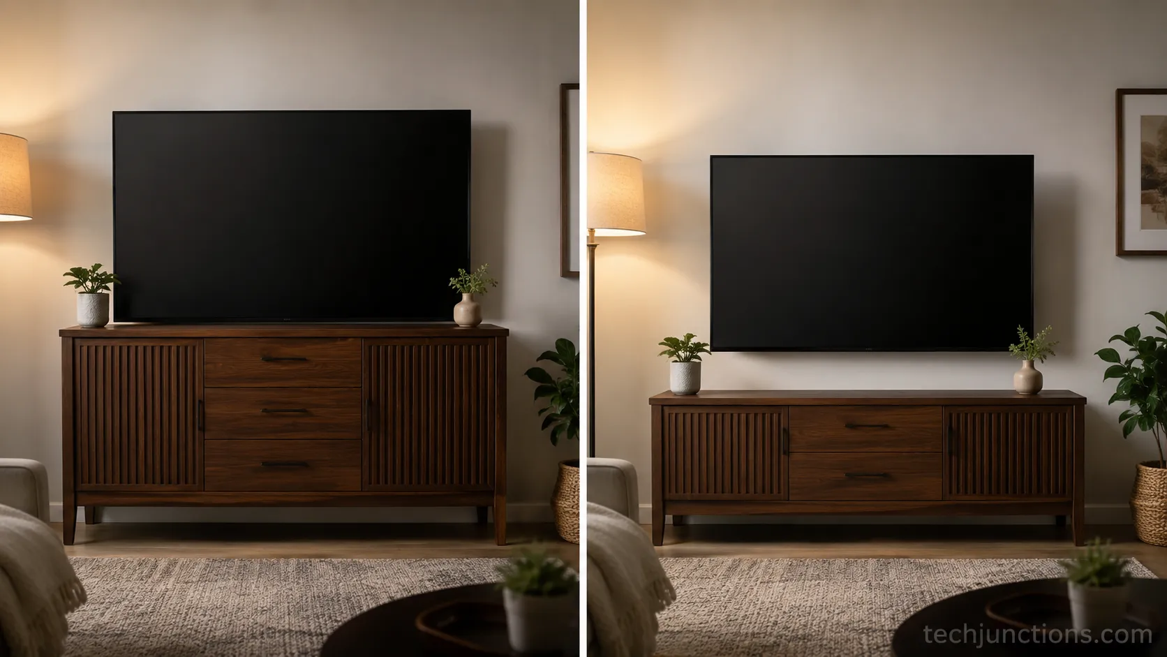 tall versus short console under a wall-mounted TV showing the gap