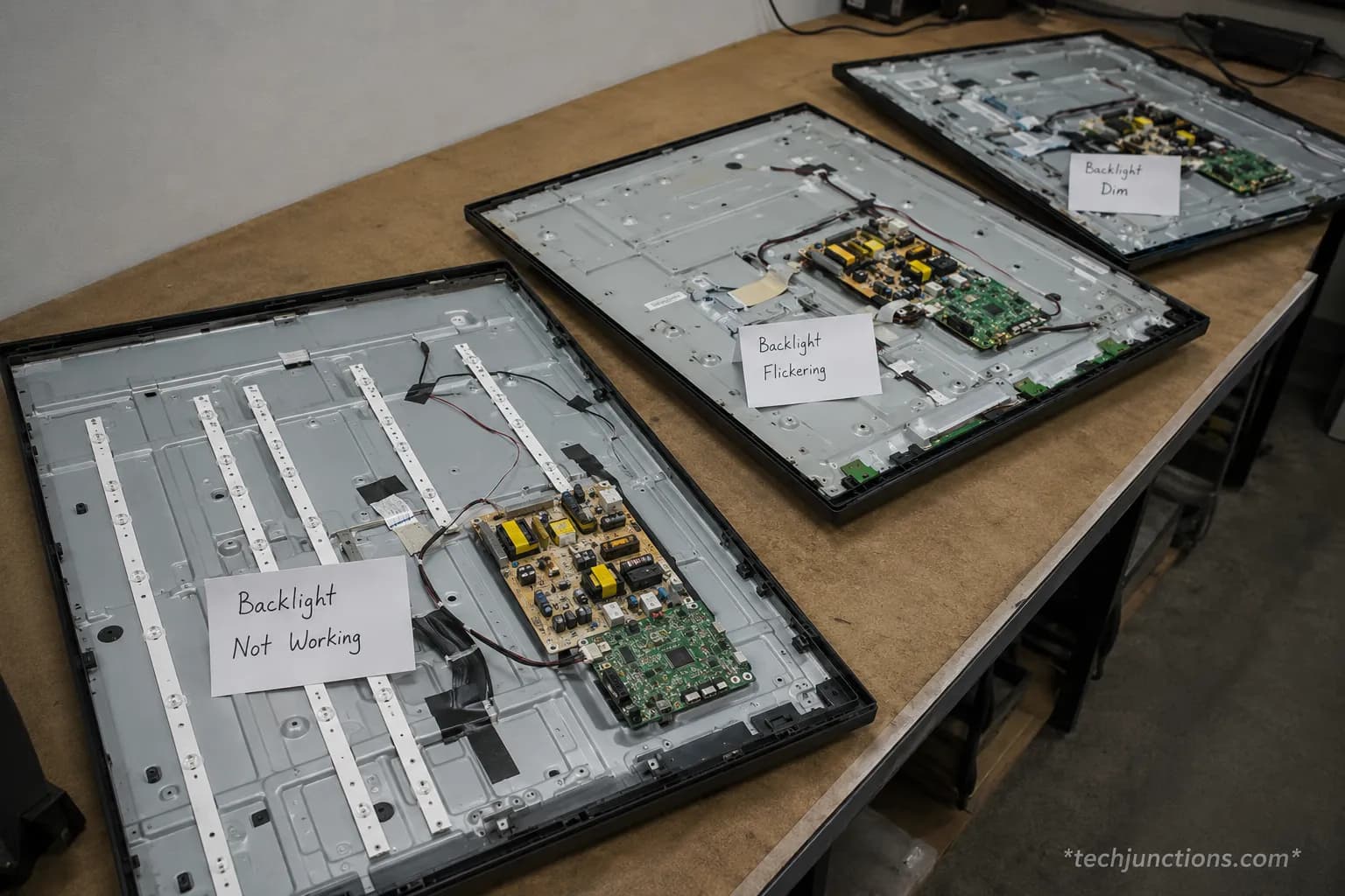 Three opened TVs on a workbench tagged with diagnosed backlight faults.