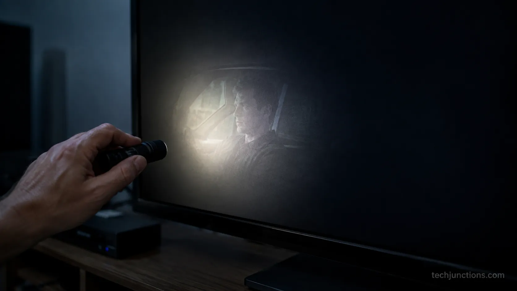 Torch test showing a faint image on a TV with a failed backlight.