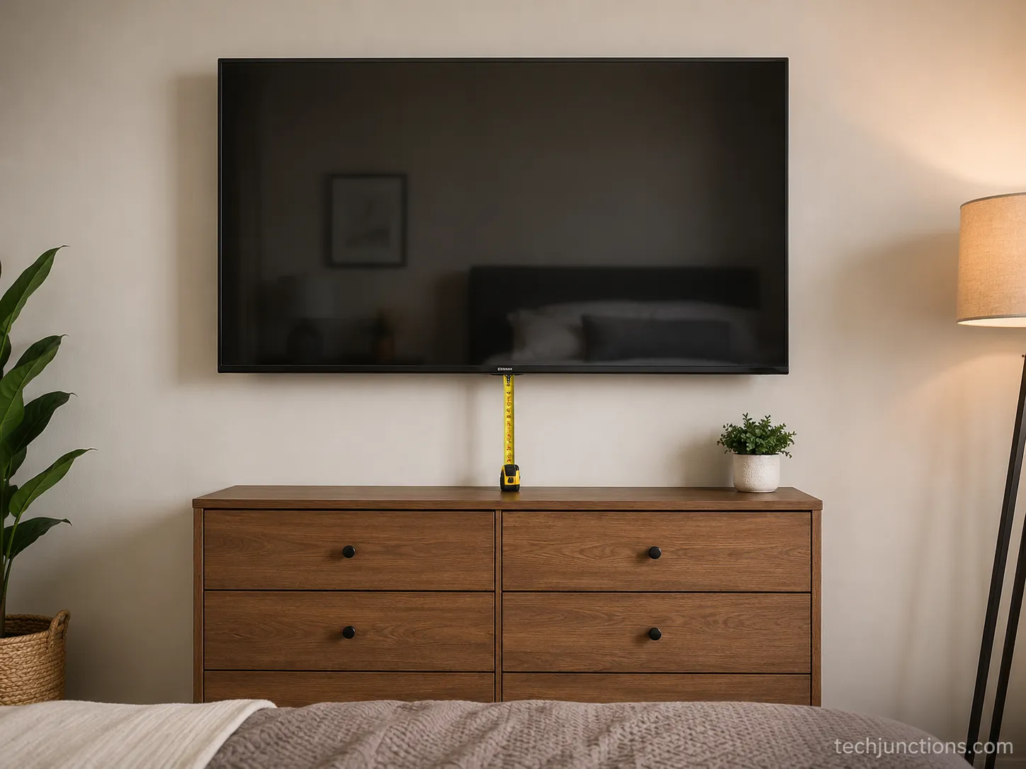 A 55-inch TV mounted above a bedroom dresser with a tape measure showing clearance below the screen.