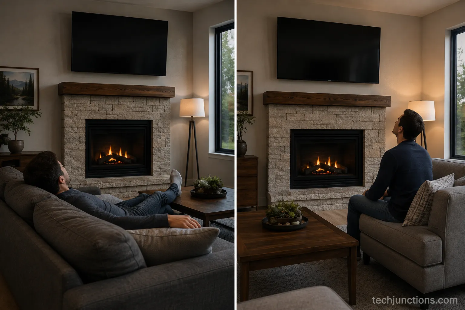 Same TV above a fireplace, comfortable on a deep sofa and too high on an upright loveseat.