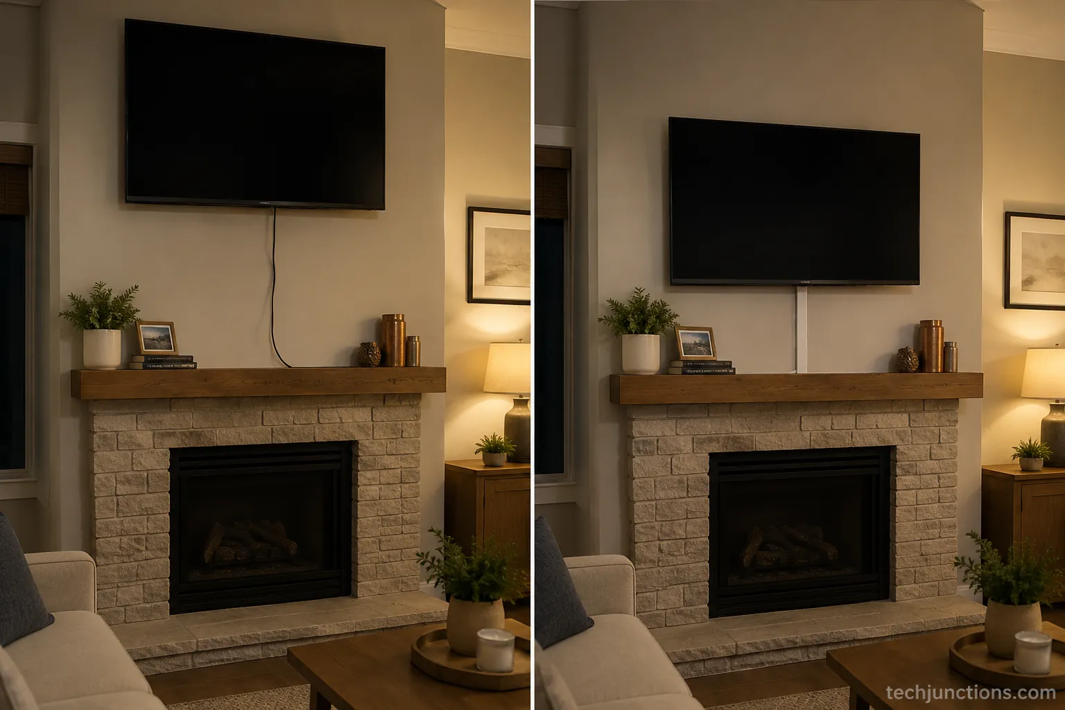 TV above a fireplace looking tacky before and intentional after lowering and hiding cables.
