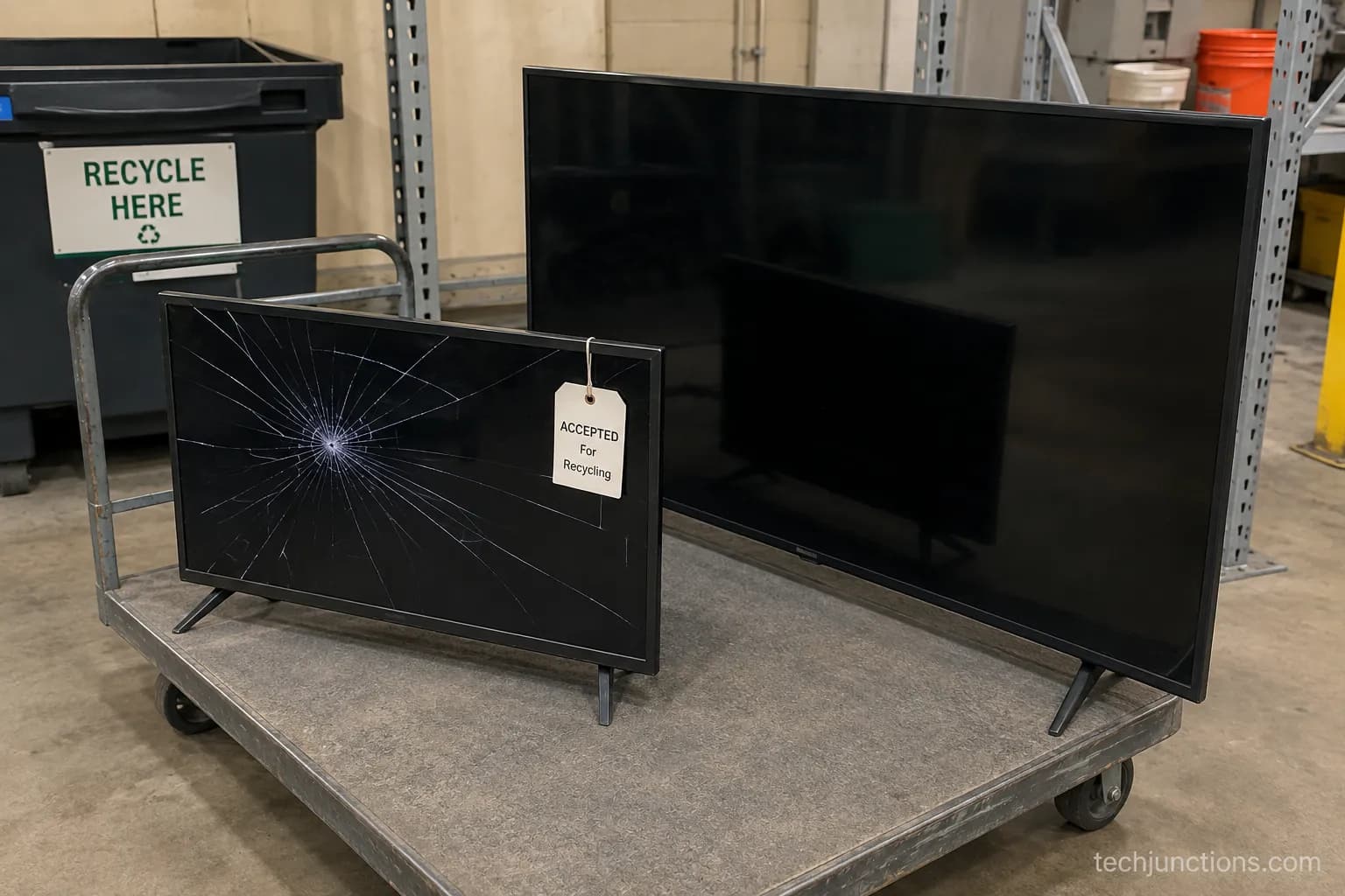 Cracked 43-inch TV accepted and 55-inch refused at a Best Buy recycling counter