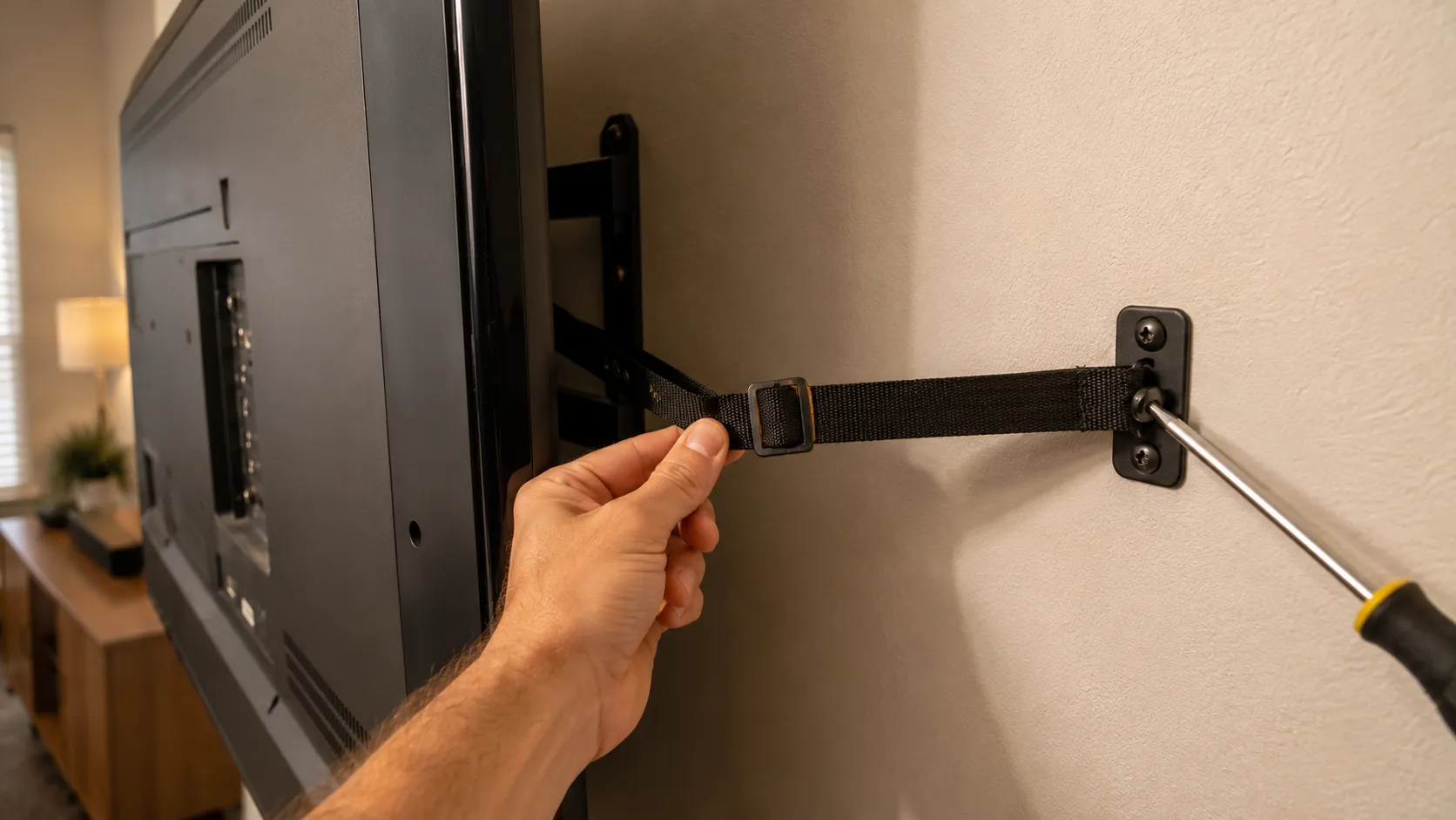 A wall-mounted TV secured with an anti-tip strap anchored into the wall to prevent tip-over.