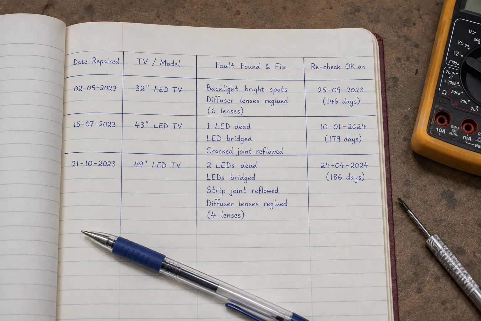 Dated repair log tracking how long each no-replacement TV backlight fix lasted.
