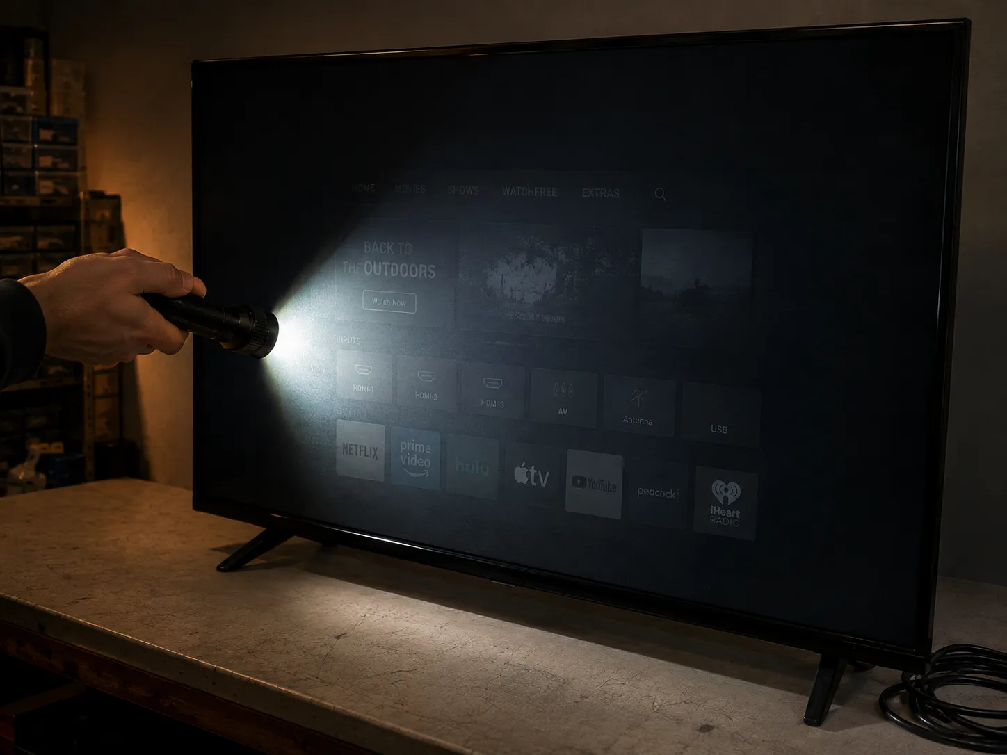 A flashlight held at an angle to a dark TV revealing a faint home-screen menu through the panel.