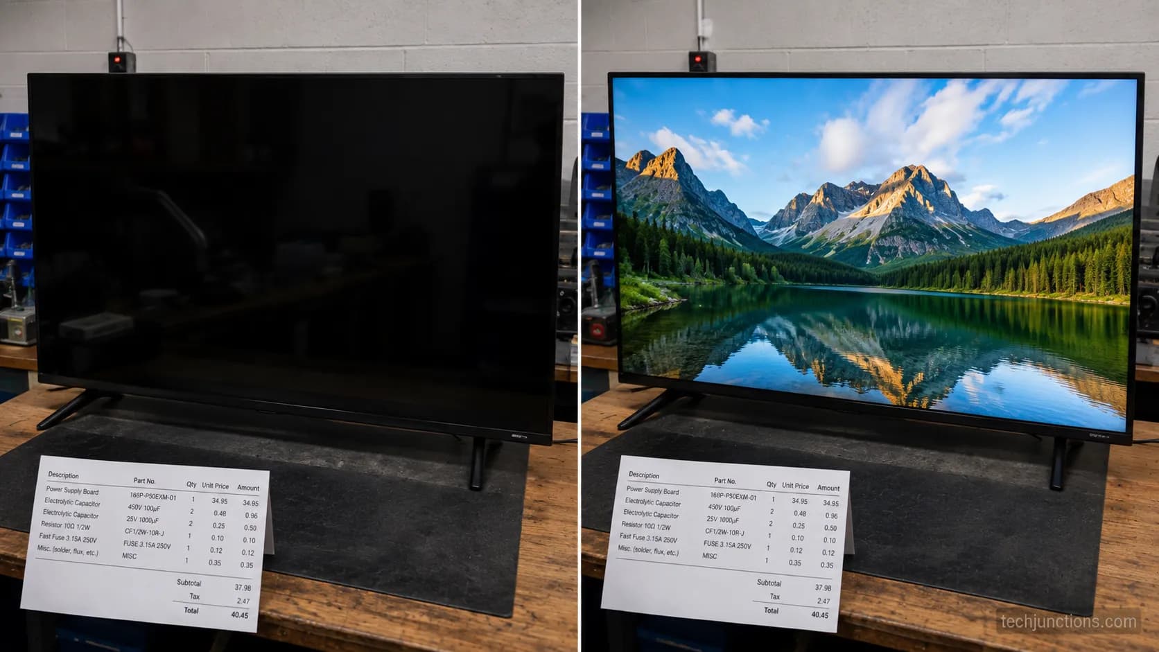 TV screen dark before and lit after a low-cost power board repair, with the parts receipt shown.