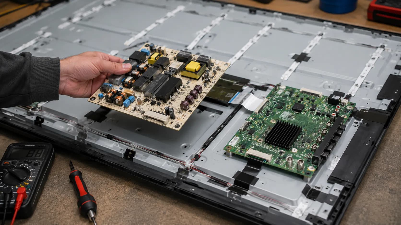 Open flat-screen TV on a workbench with a replacement circuit board, multimeter, and screwdriver, illustrating a step-by-step TV board replacement and power-on test.