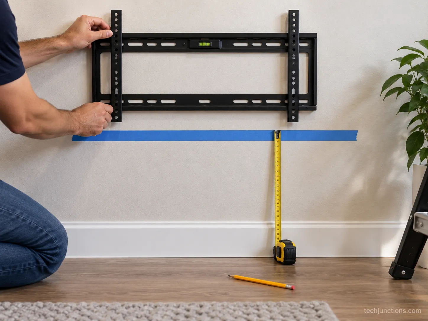 Painter's tape marking the 66 cm bottom-edge line with a mount bracket held above it.