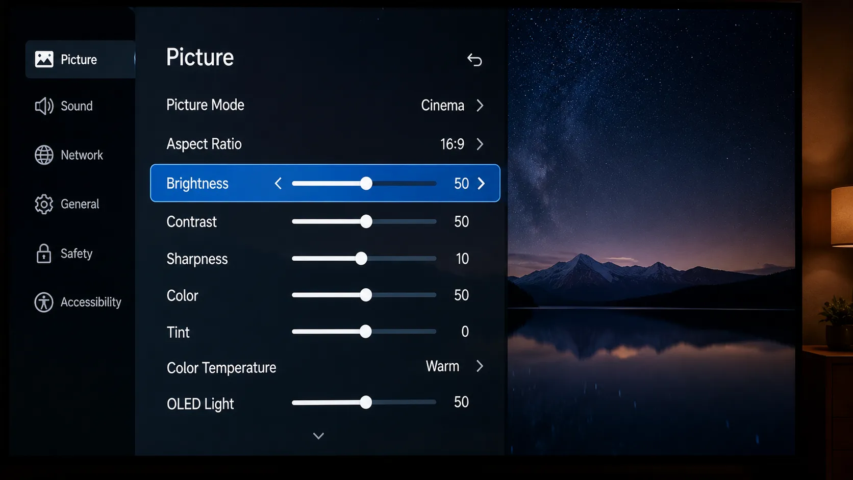 TV picture settings menu showing Brightness and OLED Light sliders set to moderate levels, illustrating recommended display settings to help extend TV lifespan.