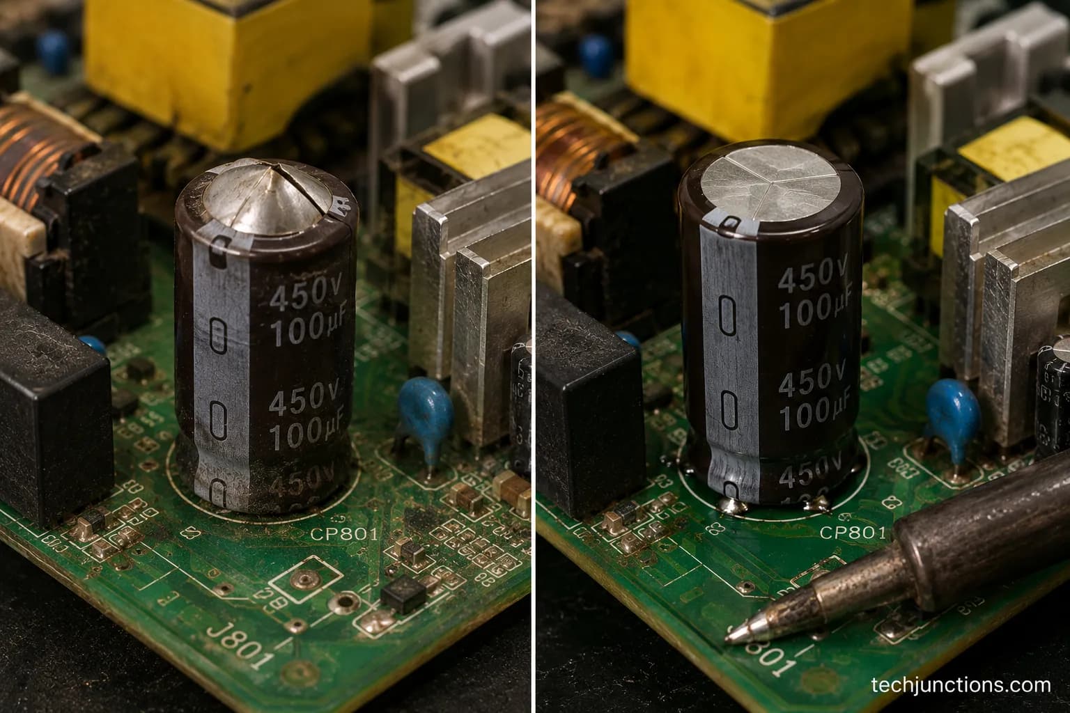 bulging TV capacitor before and after replacement
