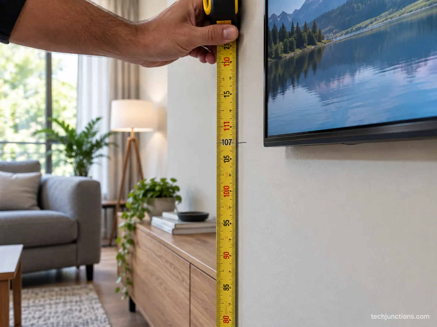 Tape measure reading 107 cm from floor to the center mark of a wall-mounted TV.