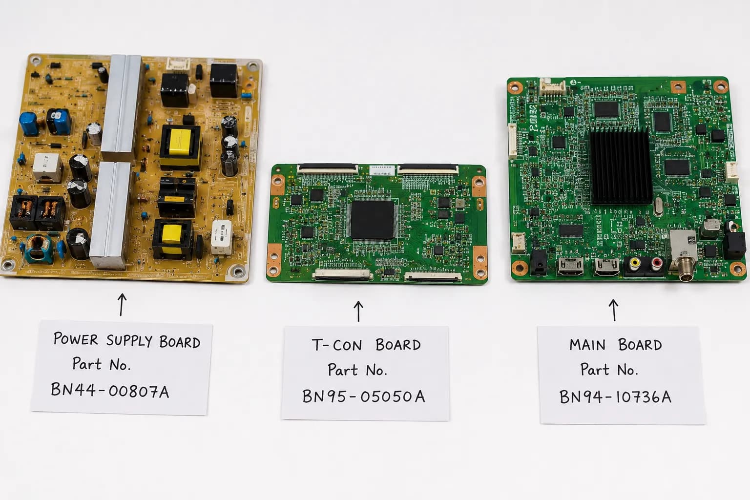 Top-down view of TV power supply, T-CON, and main circuit boards with handwritten labels pointing to part numbers, showing the electronic components buyers search for when salvaging a broken TV.