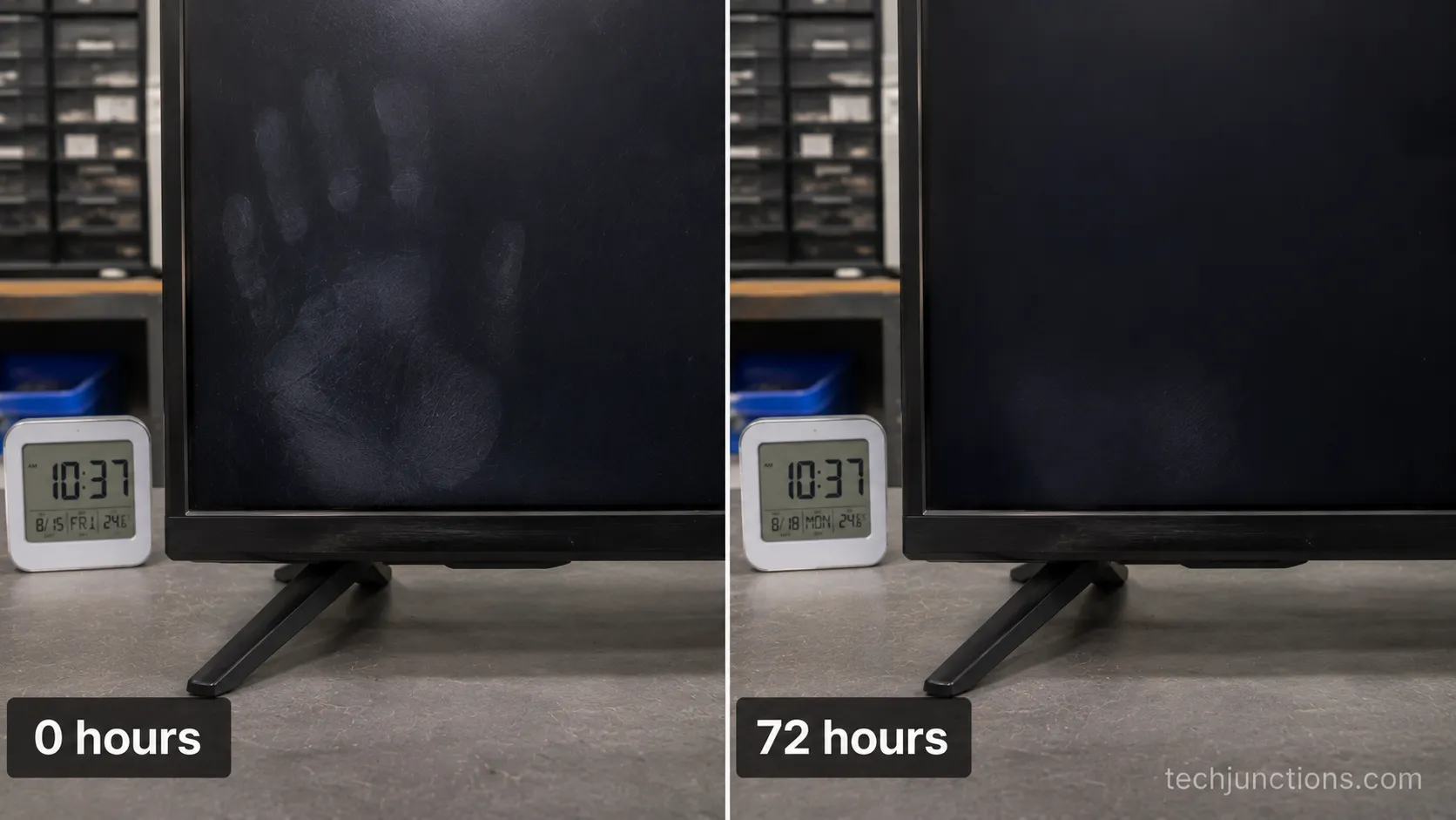 Before and after photos of a TV screen pressure mark fading over 72 hours.