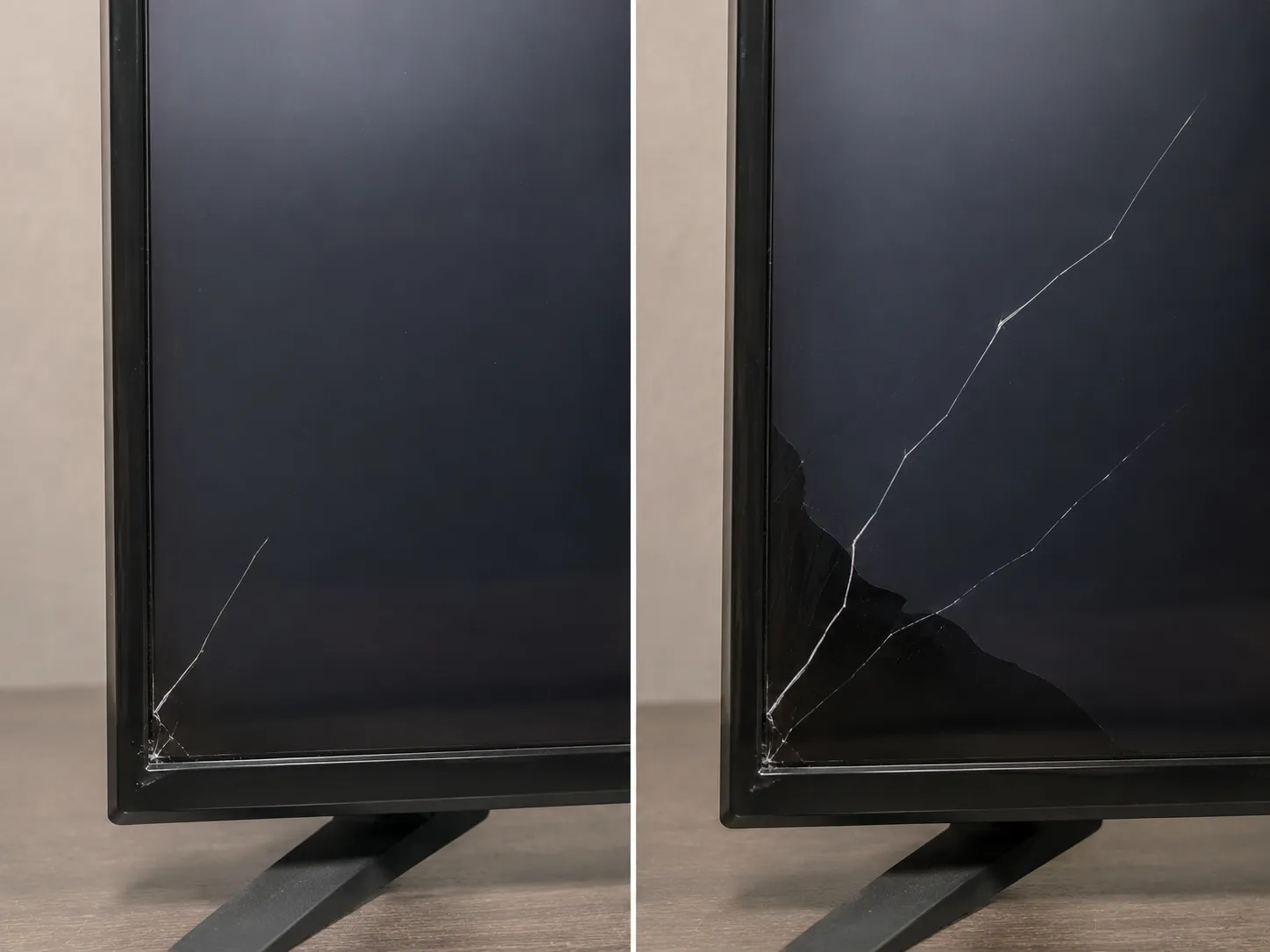 Side-by-side of a TV screen crack on day one and day fourteen showing it has spread.